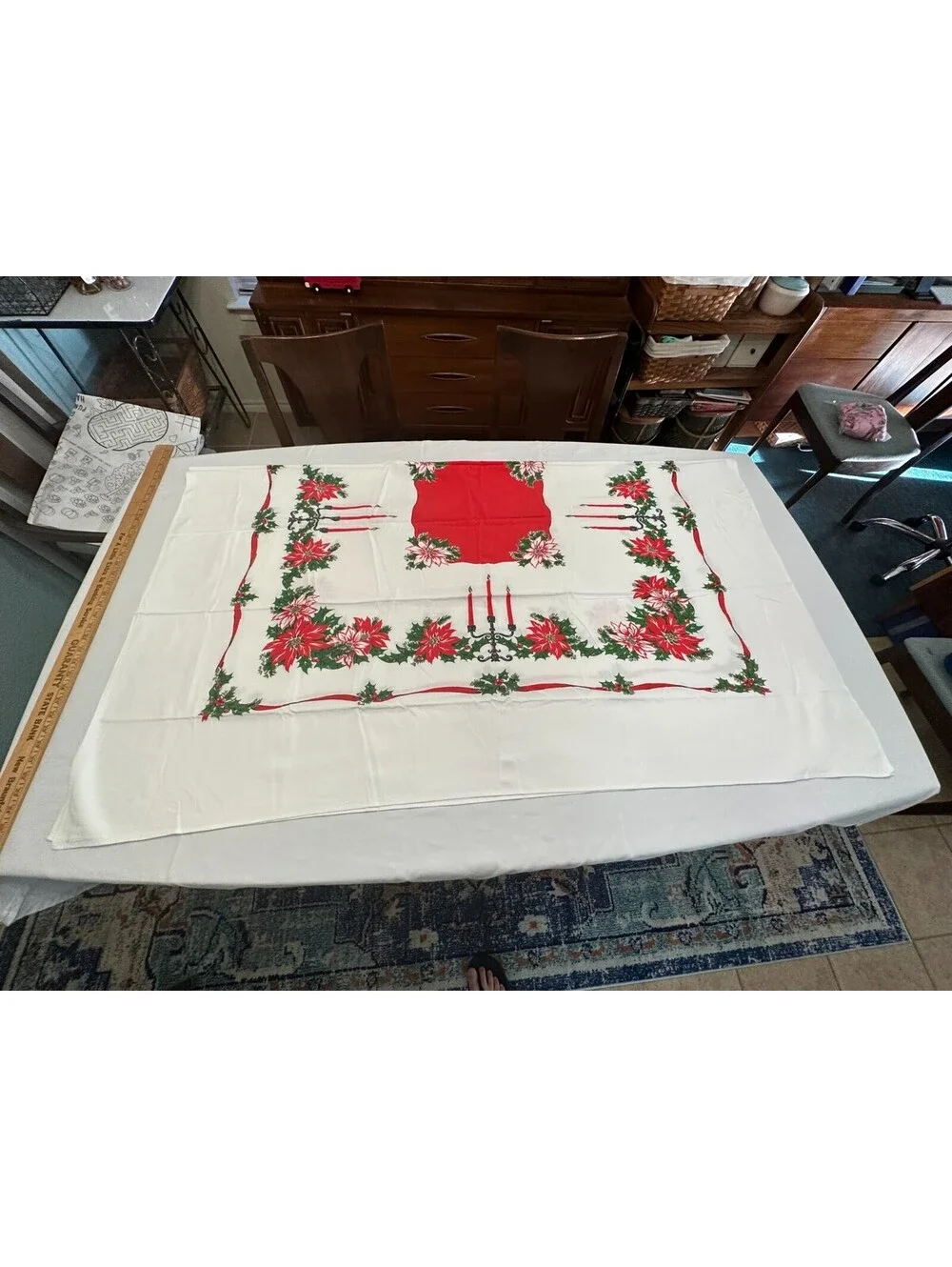 Christmas Holly Candle Poinsettia Holly Tablecloth White Red Rectangle